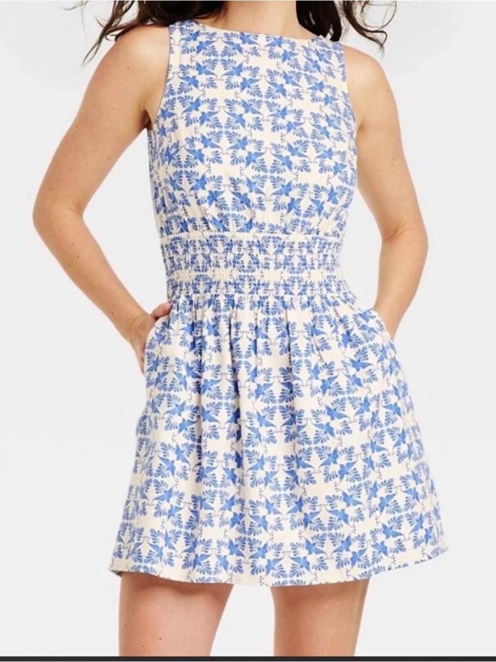 Universal Thread Blue and White Floral Smocked Mini Dress XS